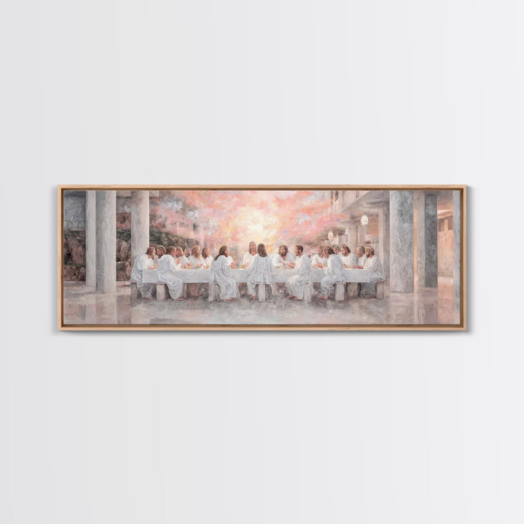 Sacred Supper Reflection, Framed Canvas Print, Christian Wall Art, Jesus Painting, Panoramic Painting, Christian Art Canvas
