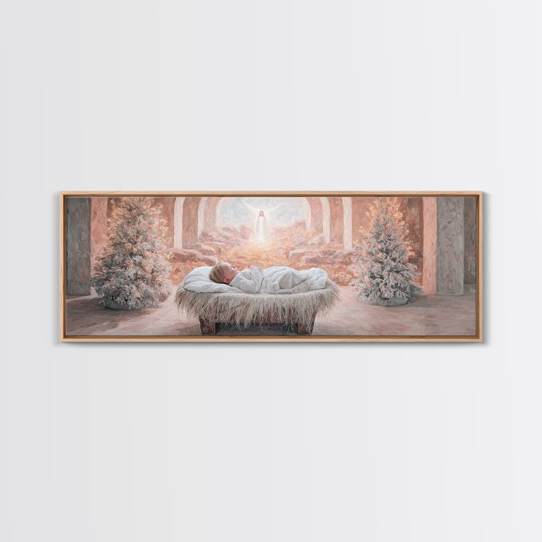 Manger Dawn Peace | Framed Canvas Print | Christian Art Canvas | Panoramic Art | Christian Christmas Art | Jesus Painting | Christian Decor