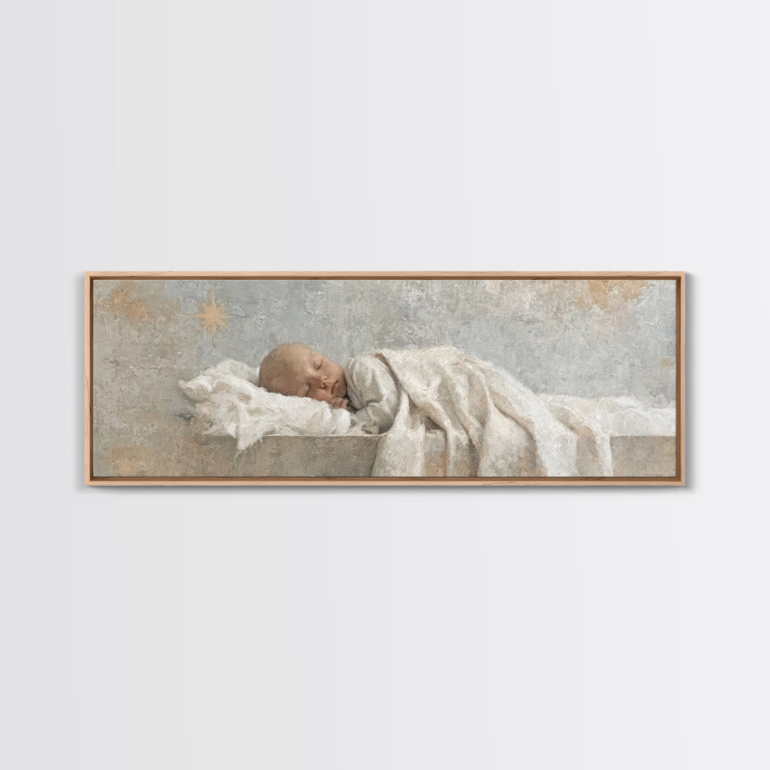 Gentle Holy Night, Framed Canvas Print, Christian Christmas Art, Panoramic Print, Christian Art Canvas, Jesus Painting, Christmas Decor