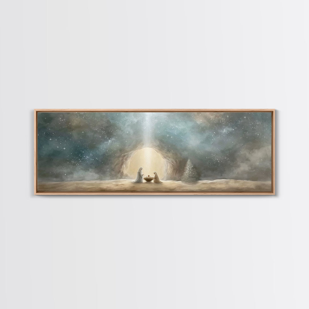 Starlit Holy Night – Framed Canvas Print – Christian Wall Art – Panoramic Art – Christian Art Canvas – Christmas Art – Jesus Christmas Art