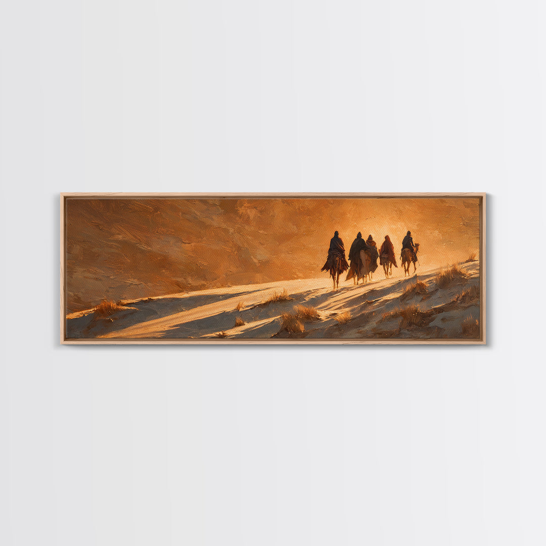 Golden Caravan Light, Framed Canvas Print, Christian Christmas Art, Panoramic Wall Art, Christian Art Canvas, Jesus Painting, Christmas Wal