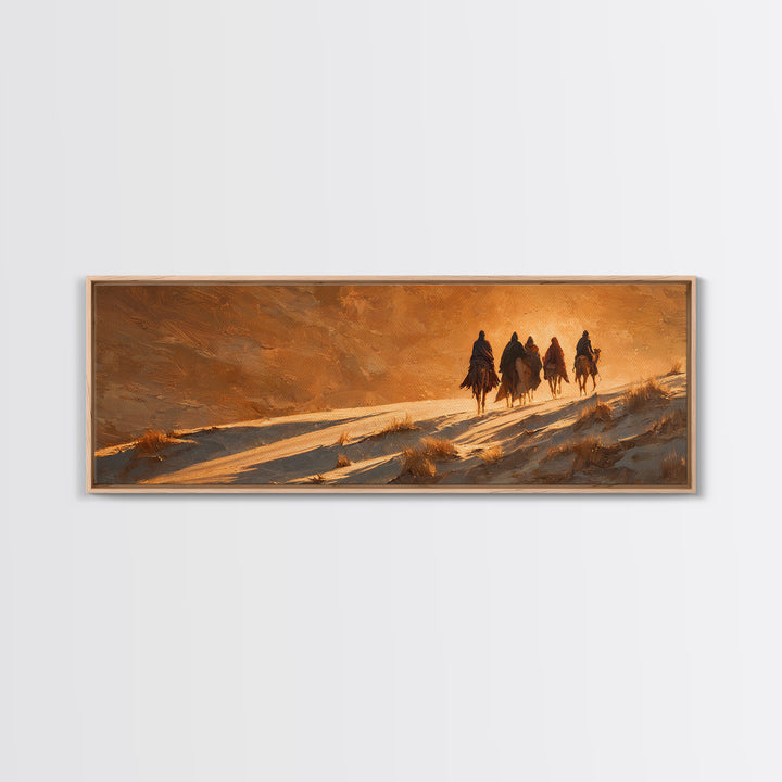 Golden Caravan Light, Framed Canvas Print, Christian Christmas Art, Panoramic Wall Art, Christian Art Canvas, Jesus Painting, Christmas Wal
