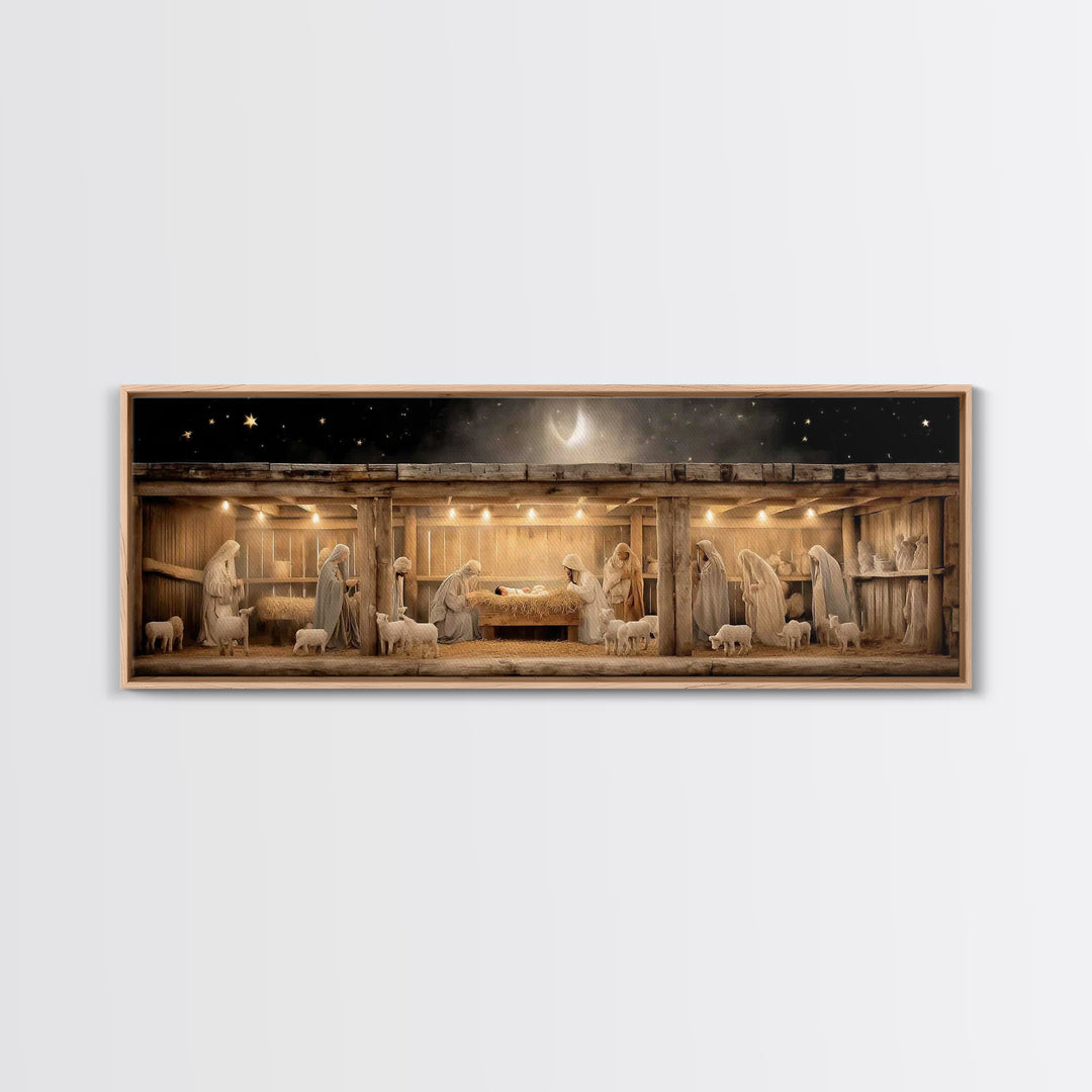 Nativity Serenity – Framed Canvas Print – Christian Wall Art – Christian Art Canvas – Panoramic Frame – Christmas Art – Christian Christmas
