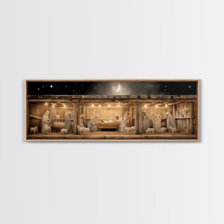 Nativity Serenity – Framed Canvas Print – Christian Wall Art – Christian Art Canvas – Panoramic Frame – Christmas Art – Christian Christmas