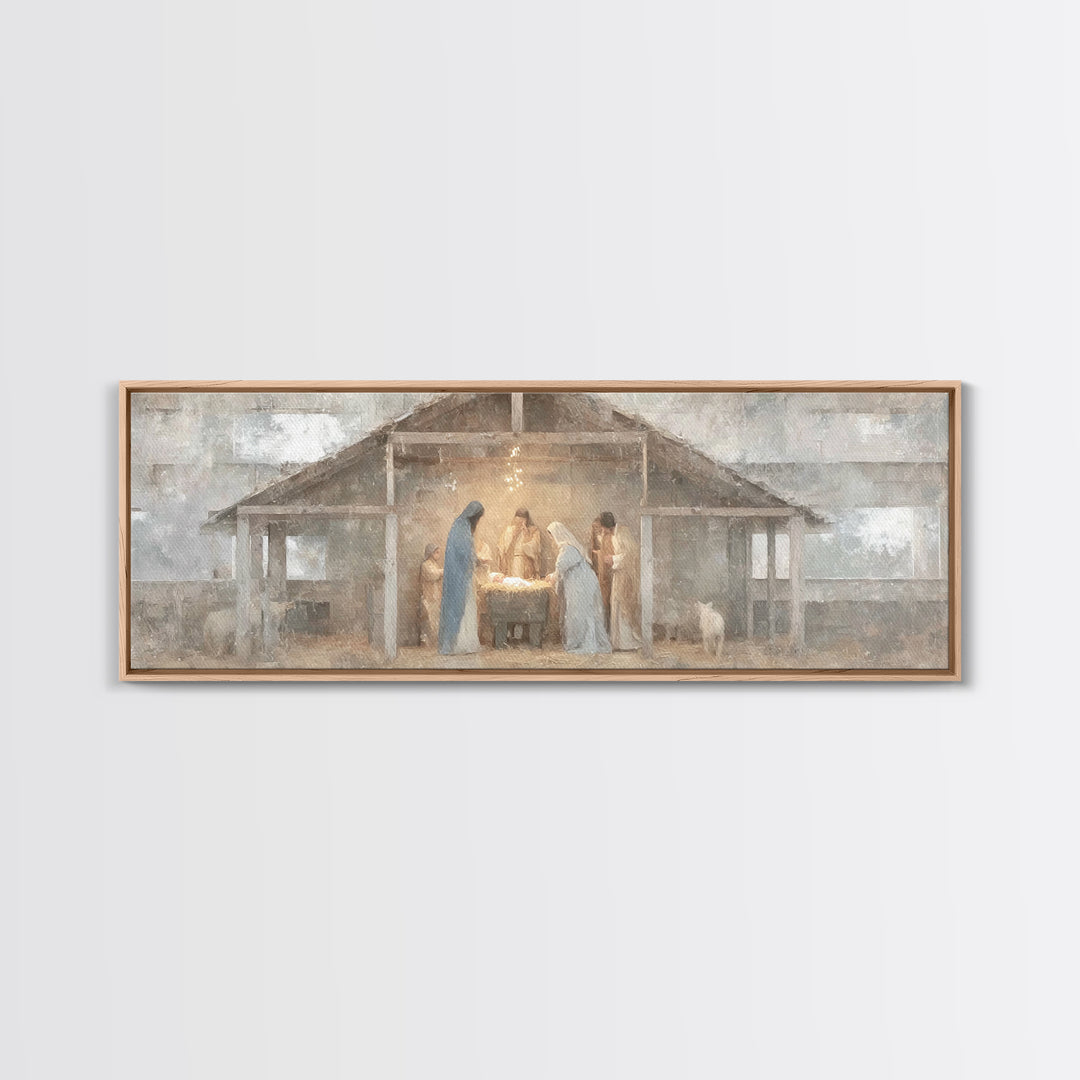 Starry Night Nativity, Framed Canvas Print, Christian Wall Art, Christian Art Canvas, Panoramic Art, Christmas Art, Jesus Christmas Art