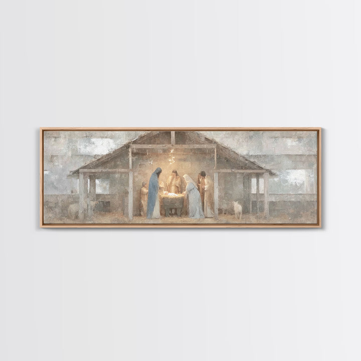 Starry Night Nativity, Framed Canvas Print, Christian Wall Art, Christian Art Canvas, Panoramic Art, Christmas Art, Jesus Christmas Art