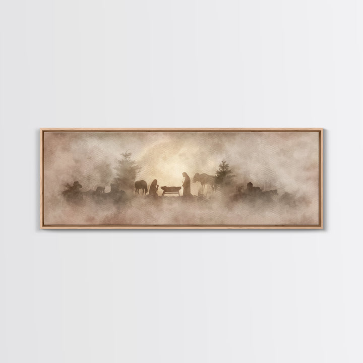 Manger In The Mist, Framed Canvas Print, Panoramic Art, Christian Wall Art, Christian Art Canvas, Christmas Art, Christian Decor, Jesus Pai