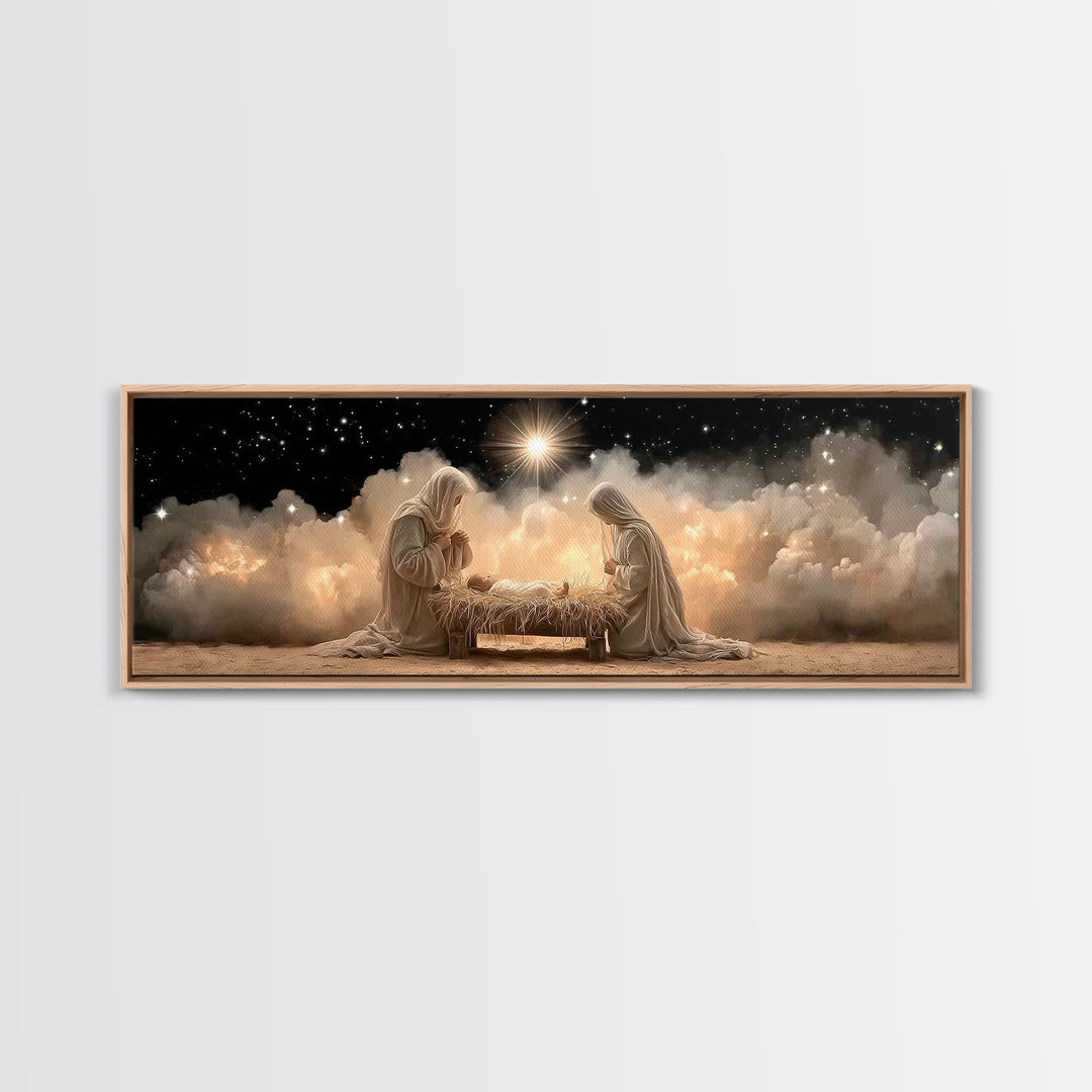 Celestial Manger Peace – Framed Canvas Print – Panoramic Art – Christian Wall Art – Christian Art Canvas – Christmas Art – Jesus Painting –
