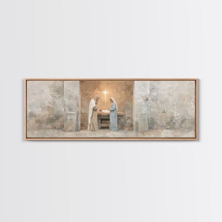 Humble Manger Peace – Framed Canvas Print – Christian Wall Art – Christmas Art – Panoramic Print – Christian Art Canvas – Christian Decor