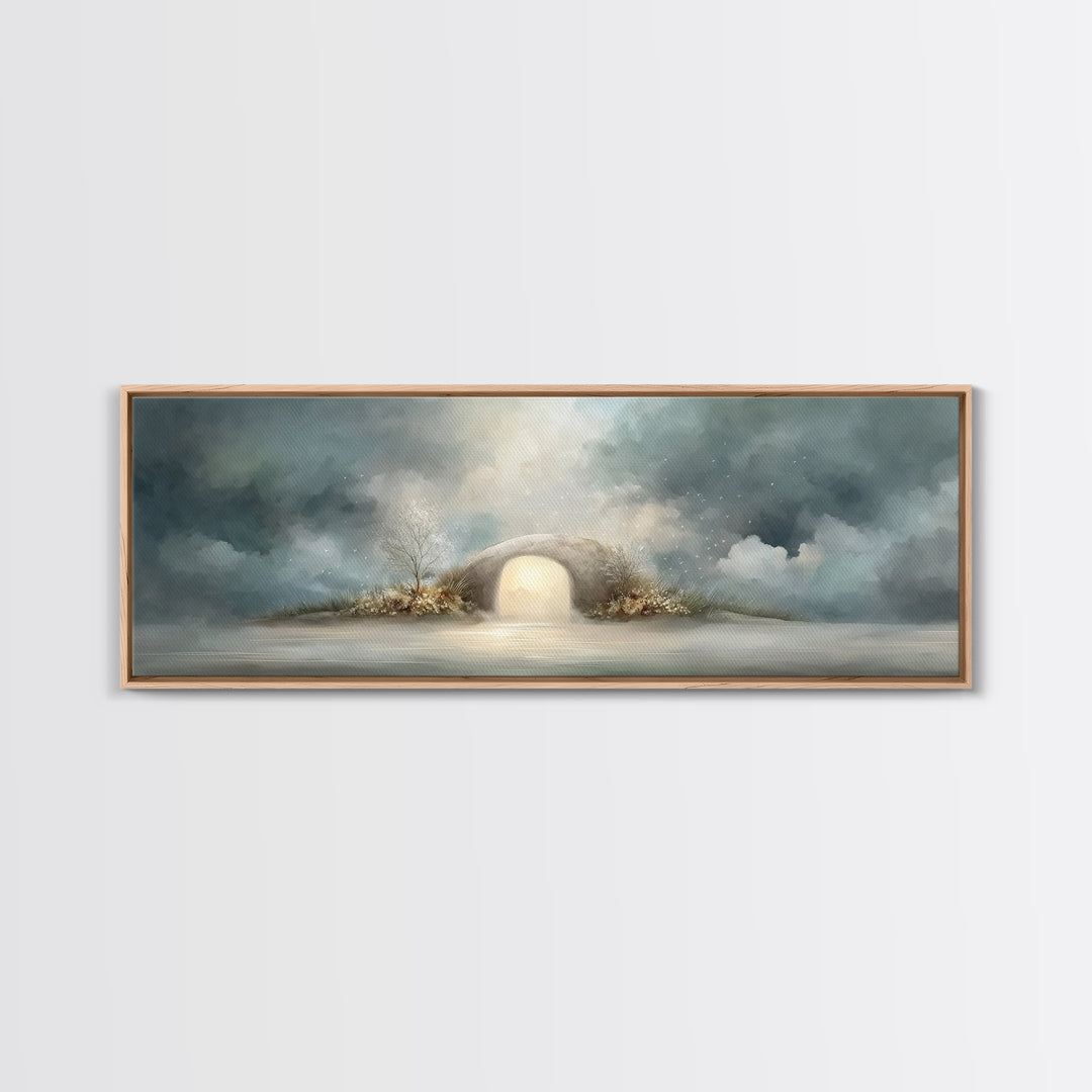 Heavenly Tomb Glow | Framed Canvas Print | Christian Wall Art | Christian Art Canvas | Christian Painting | Panoramic Wall Art | Christmas