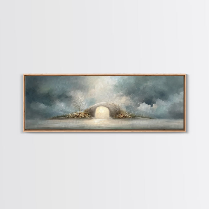 Heavenly Tomb Glow | Framed Canvas Print | Christian Wall Art | Christian Art Canvas | Christian Painting | Panoramic Wall Art | Christmas