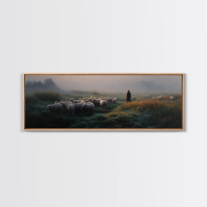 Morning Shepherd Light – Framed Canvas Print – Panoramic Print – Christian Wall Art – Jesus Painting – Christian Art Canvas – Christian Chr