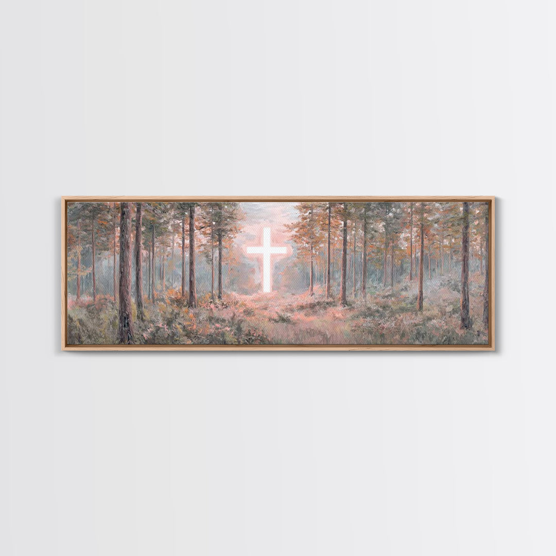 Forest Cross Light, Framed Canvas Print, Panoramic Wall Art, Christian Wall Art, Jesus Painting, Christian Canvas, Christian Art, Faith Art