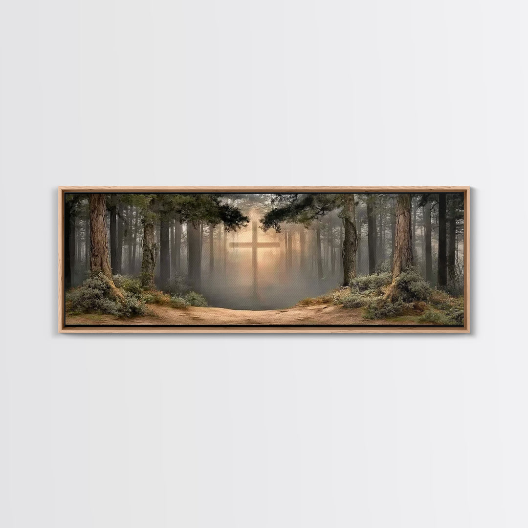 Heavenly Forest Glow, Framed Canvas Print, Panoramic Painting, Christian Wall Art, Christian Canvas, Jesus Painting, Modern Christian Art