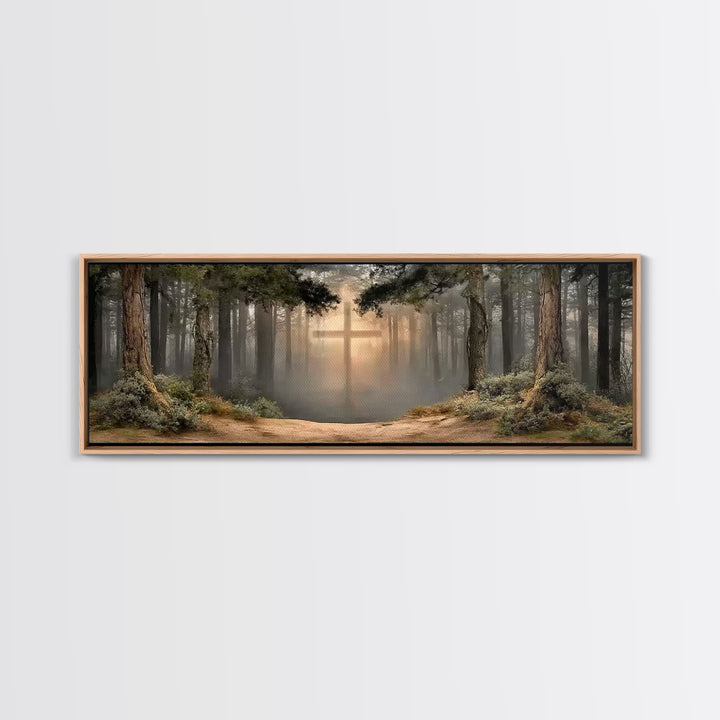 Heavenly Forest Glow, Framed Canvas Print, Panoramic Painting, Christian Wall Art, Christian Canvas, Jesus Painting, Modern Christian Art