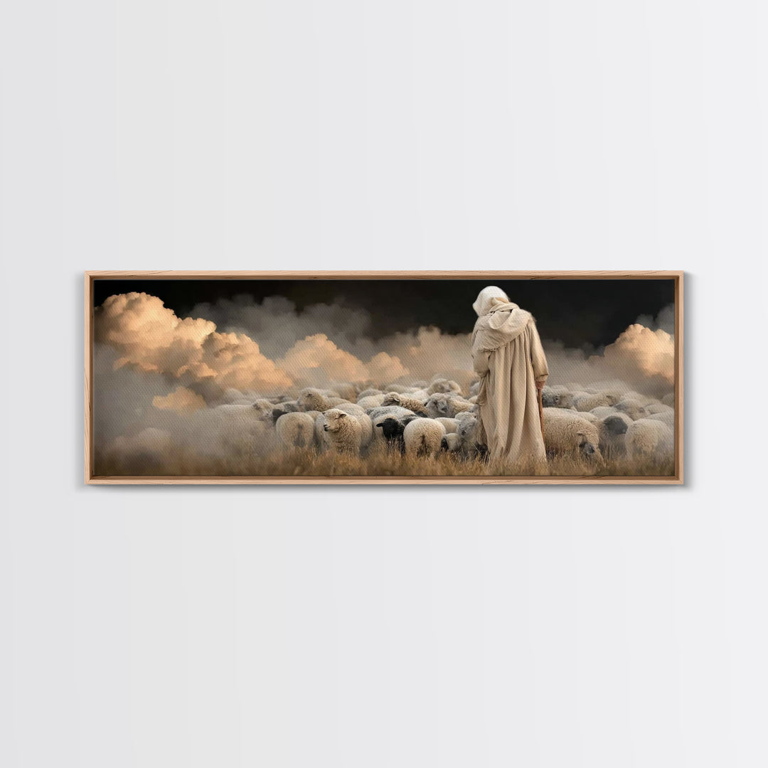 Guardian Of Flock – Framed Canvas Print – Panoramic Art – Jesus Canvas Art – Christian Wall Art – Christian Christmas Decor – Christian Pai