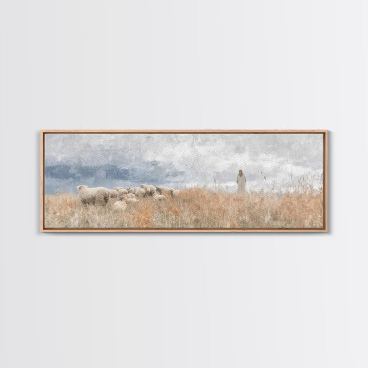 Shoreline Shepherd Dawn | Framed Canvas Print | Panoramic Frame | Christian Art Canvas | Jesus Painting | Christian Wall Art | Subtle Chris