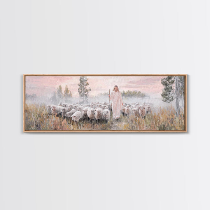 Radiant Shepherd Light, Framed Canvas Print, Panoramic Wall Art, Jesus Canvas Art, Christian Art, Christian Christmas Art, Modern Christian