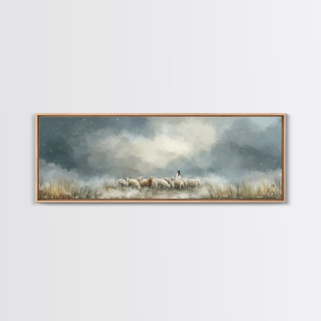 Starry Night Flock – Framed Canvas Print – Panoramic Wall Art – Christian Art Canvas – Christian Christmas Art – Jesus Painting – Christian
