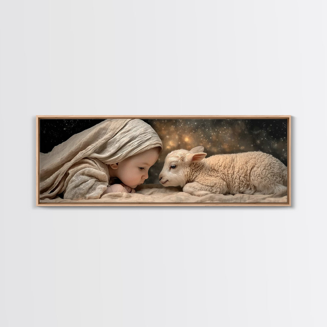 Little Lamb Blessing – Framed Canvas Print – Christian Painting – Panoramic Wall Art – Christmas Art – Christian Art Gift – Christian Decor