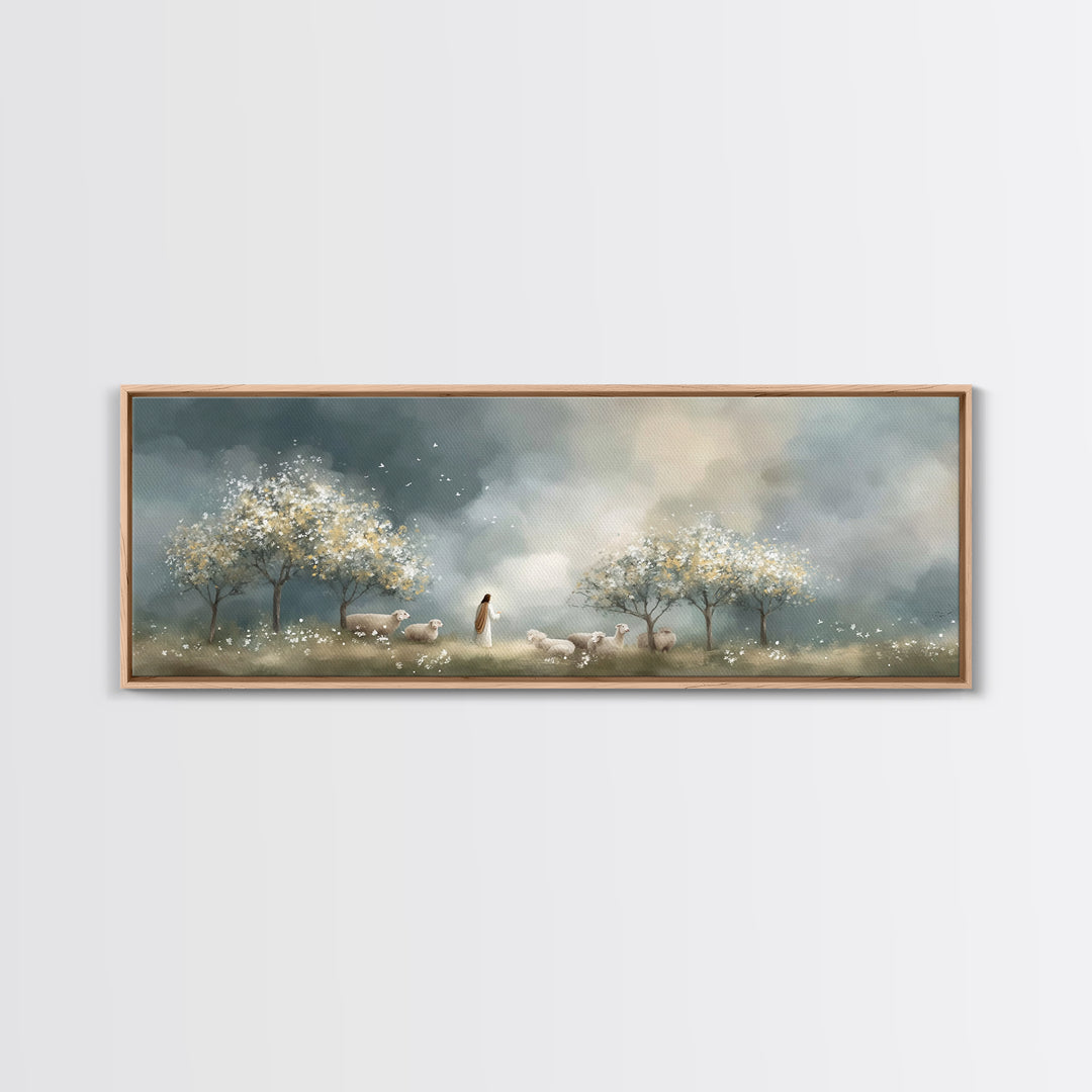 Radiant Shepherd Light – Framed Canvas Print – Christian Art Canvas – Panoramic Painting – Jesus Wall Art – Christian Christmas Art