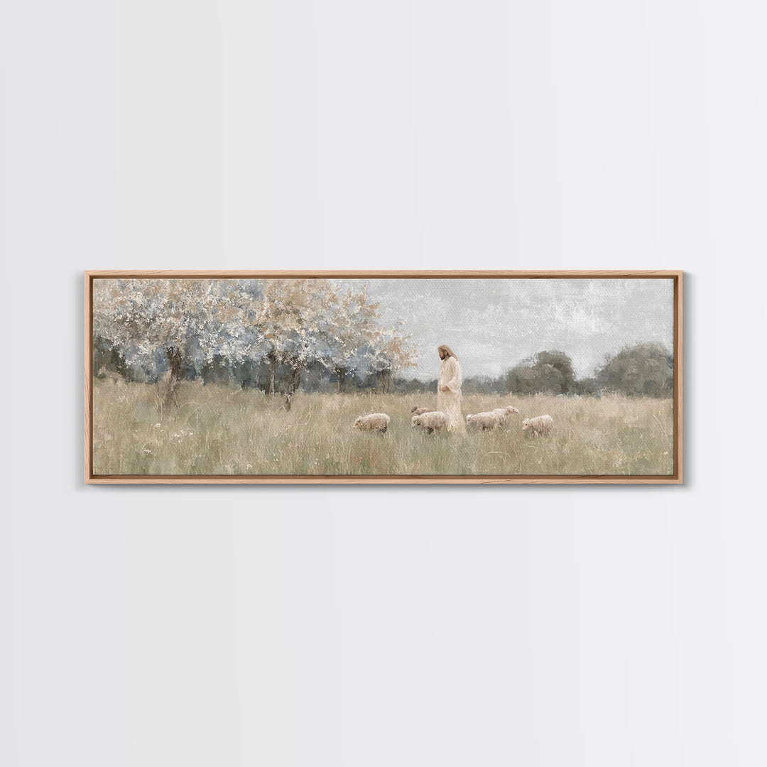 Heavenly Pastures | Framed Canvas Print | Christian Wall Art | Panoramic Art | Jesus Painting | Christian Art Canvas | Christmas Art