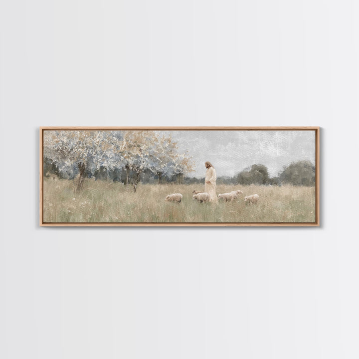 Heavenly Pastures | Framed Canvas Print | Christian Wall Art | Panoramic Art | Jesus Painting | Christian Art Canvas | Christmas Art