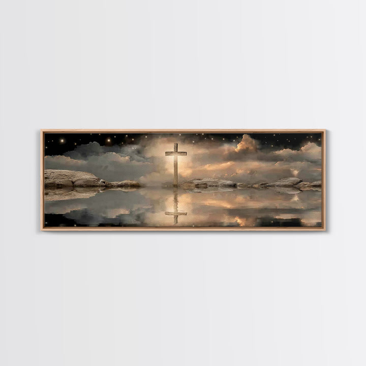 Night Of The Cross – Framed Canvas Print – Panoramic Wall Art – Christian Art Canvas – Christian Painting – Christmas Art – Christian Decor