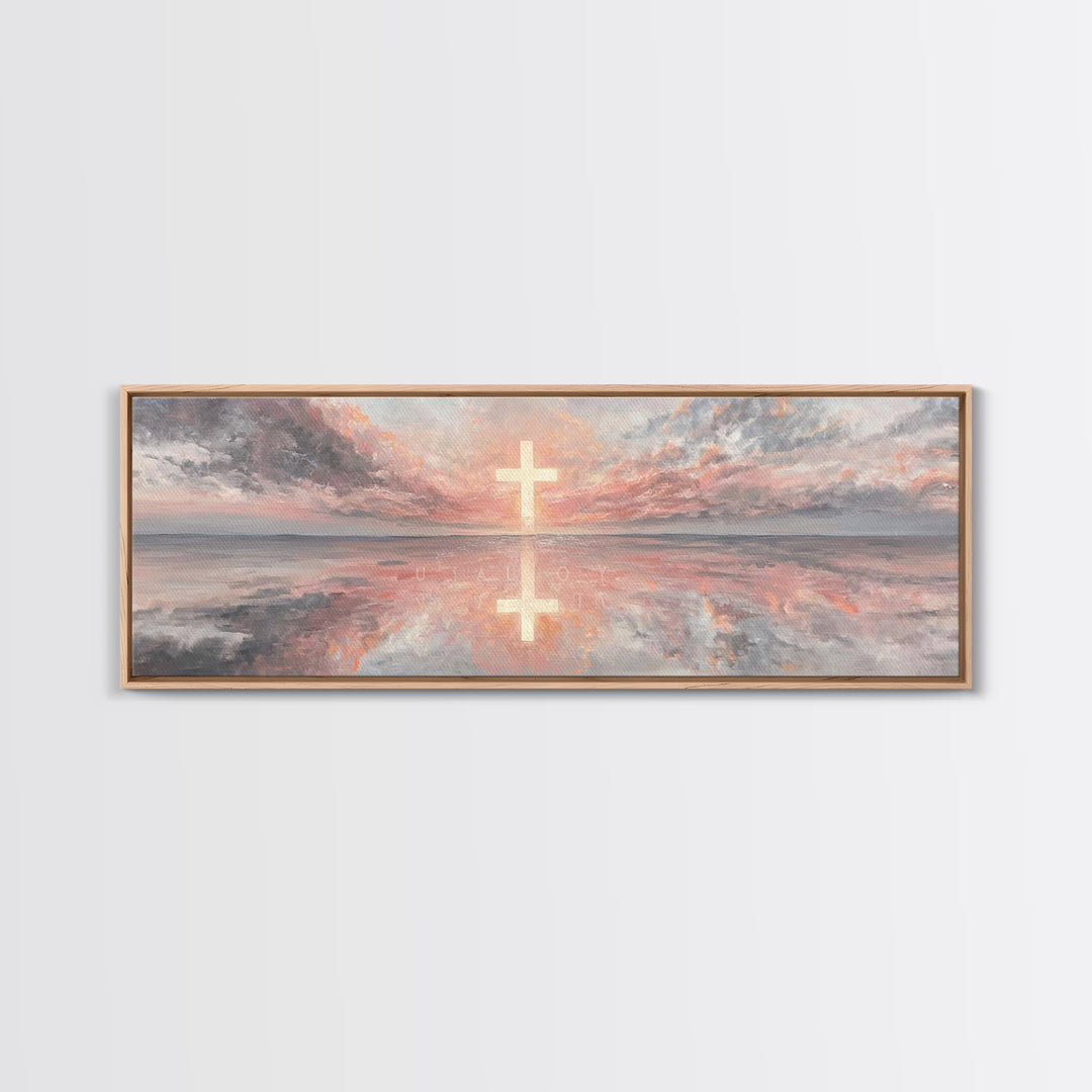Radiant Cross Sky | Framed Canvas Print | Christian Art Canvas | Panoramic Wall Art | Christian Painting | Christian Decor | Christmas Art