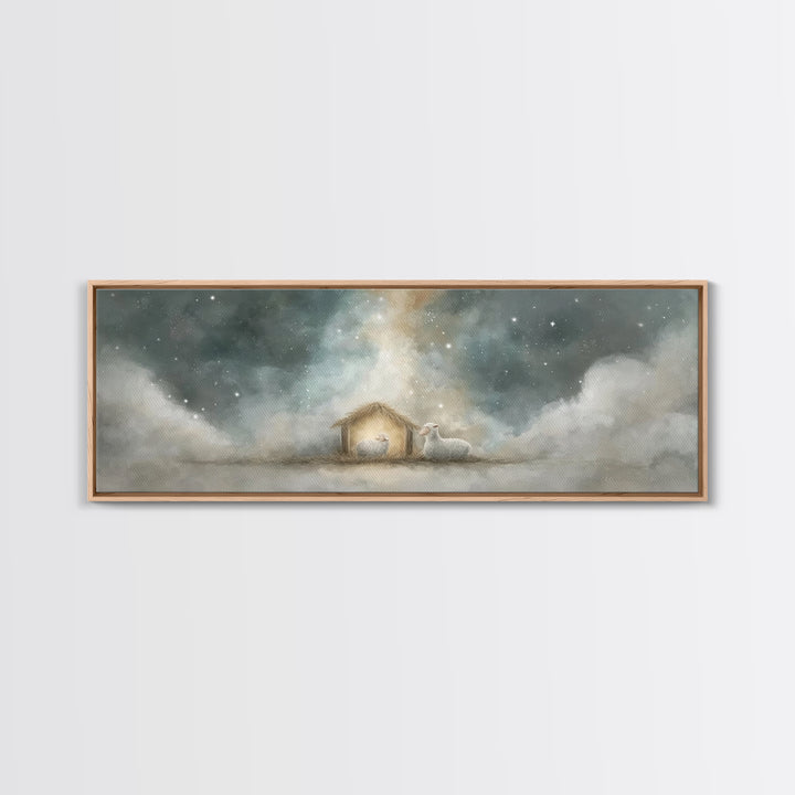 Starry Holy Night, Framed Canvas Print, Christian Wall Art, Panoramic Painting, Christian Christmas Art, Christian Art Print, Jesus Canvas