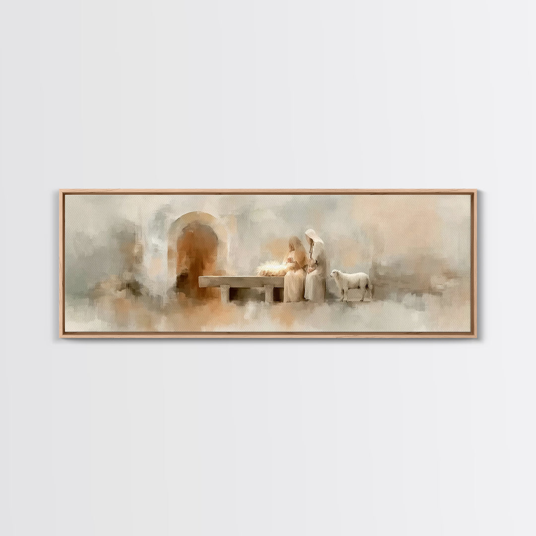 Sacred Manger Light – Framed Canvas Print – Christmas Art – Panoramic Frame – Christian Christmas Decor – Christian Painting – Christian Ar