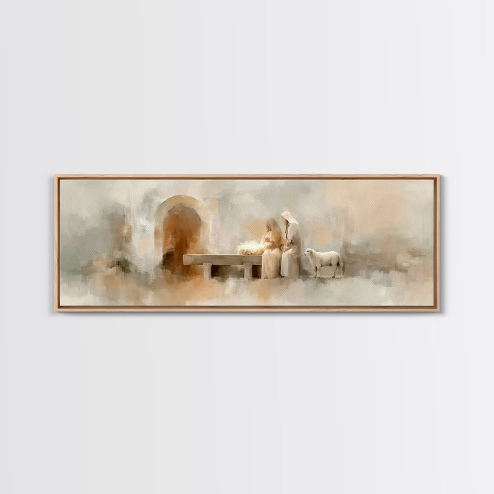 Sacred Manger Light – Framed Canvas Print – Christmas Art – Panoramic Frame – Christian Christmas Decor – Christian Painting – Christian Ar