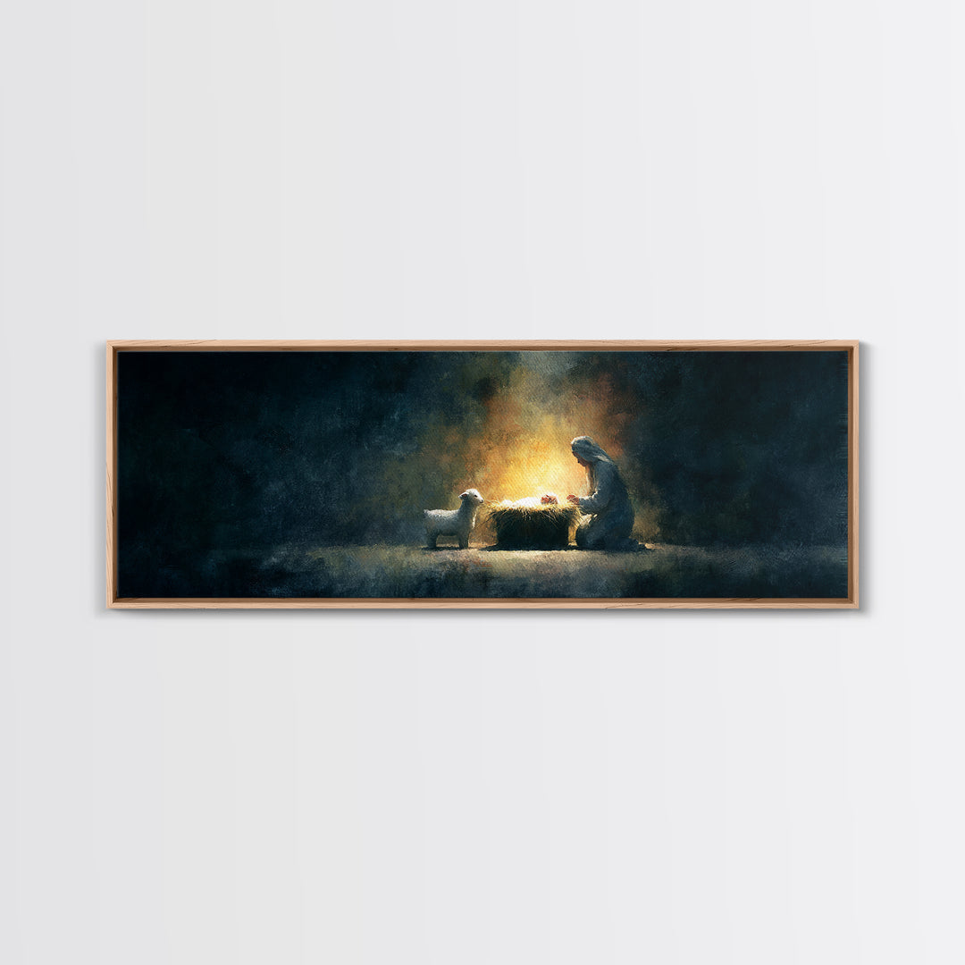 Silent Nativity Glow – Framed Canvas Print – Panoramic Art – Christian Wall Art – Christmas Art – Christian Art Print – Jesus Christmas Art