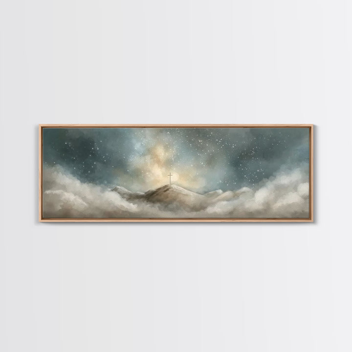 Starlit Redemption | Framed Canvas Print | Christian Wall Art | Jesus Painting | Christian Art Print | Christmas Art | Panoramic Wall Art