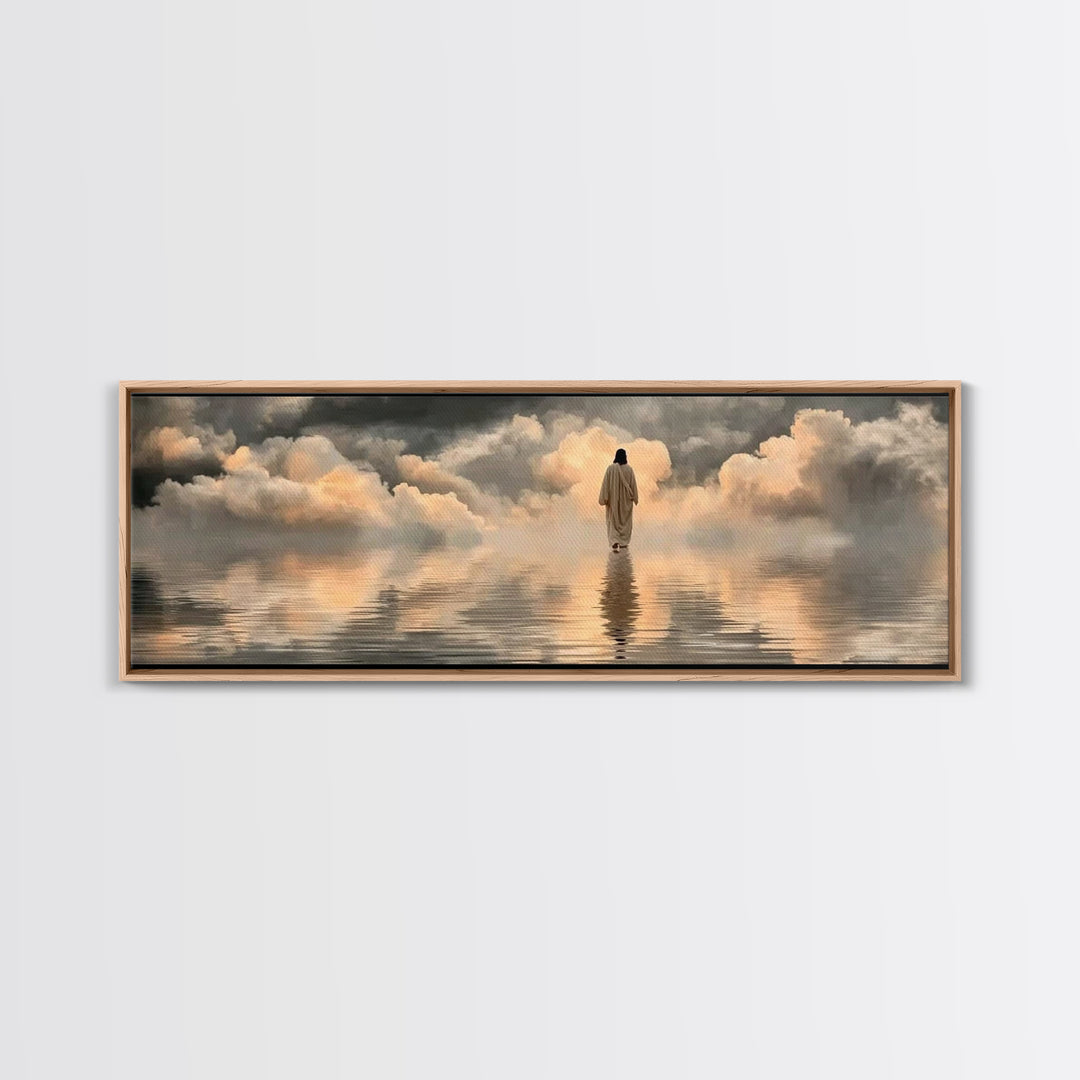Silent Shore Walk | Framed Canvas Print | Christian Art Print | Panoramic Frame | Jesus Canvas Art | Christian Wall Art