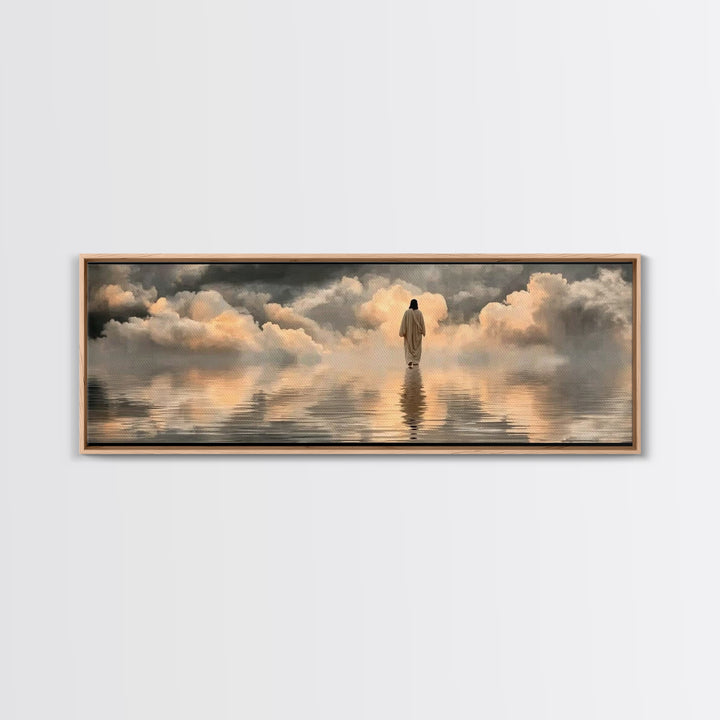 Silent Shore Walk | Framed Canvas Print | Christian Art Print | Panoramic Frame | Jesus Canvas Art | Christian Wall Art