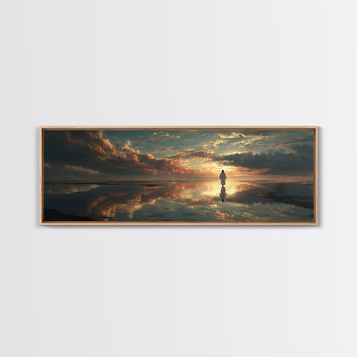 Radiant Horizon Walk, Framed Canvas Print, Jesus Wall Art, Panoramic Art, Christian Art Canvas, Moody Christian Art