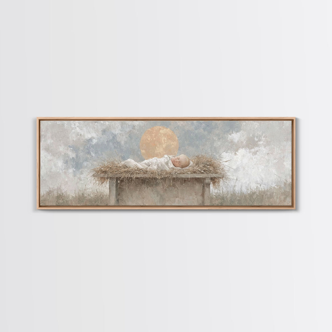 Radiant Manger Peace | Framed Canvas Print | Christian Christmas Art | Christian Wall Art | Christmas Canvas Wall Art | Panoramic Art | Chr