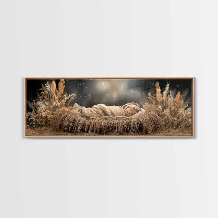 Starry Night Cradle, Framed Canvas Print, Christian Wall Art, Jesus Christmas Art, Christian Art Canvas, Panoramic Painting, Christian Chri