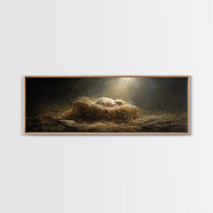 Holy Night Radiance, Framed Canvas Print, Christian Christmas Art, Jesus Painting, Panoramic Art, Christian Wall Art, Christian Art Canvas,