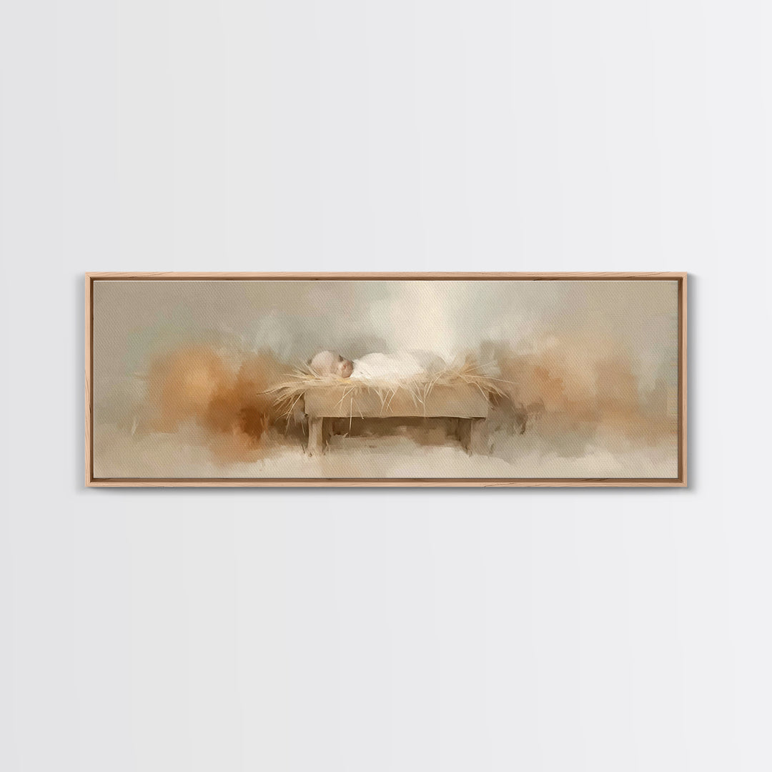 Soft Manger Light – Framed Canvas Print – Christian Wall Art – Panoramic Frame – Christian Christmas Art – Christian Art Canvas – Christmas