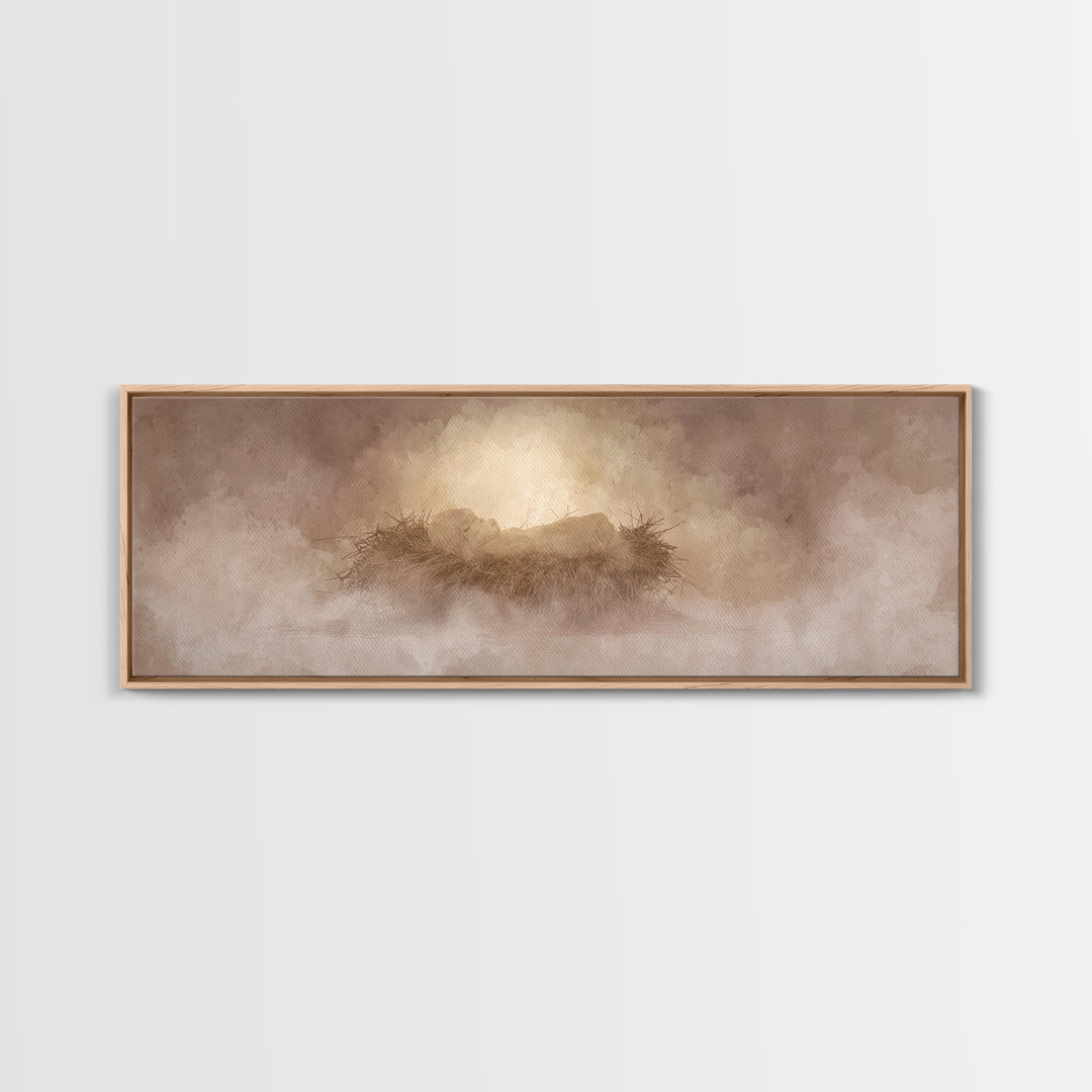 Celestial Manger Mist | Framed Canvas Print | Christian Art | Panoramic Wall Art | Christian Christmas Art | Jesus Art Print | Christmas Ca