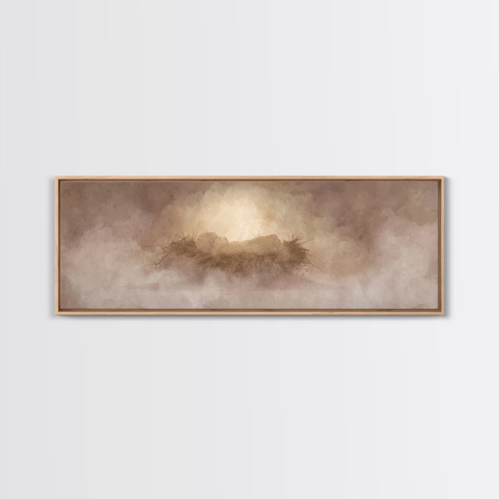 Celestial Manger Mist | Framed Canvas Print | Christian Art | Panoramic Wall Art | Christian Christmas Art | Jesus Art Print | Christmas Ca