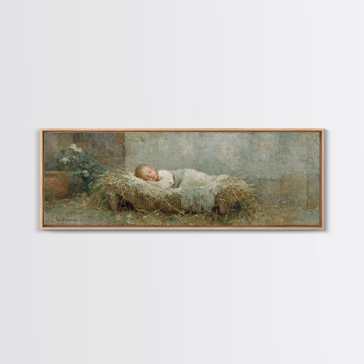 Quiet Stable Grace, Framed Canvas Print, Christian Art Canvas, Christian Wall Art, Panoramic Painting, Christian Christmas Art, Jesus Chris