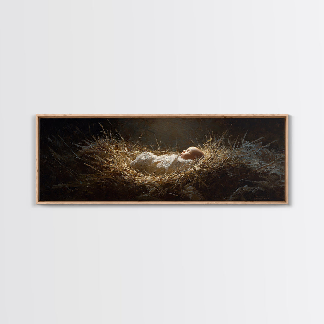 Divine Manger Glow – Framed Canvas Print – Christian Art Canvas – Panoramic Wall Art – Jesus Painting – Christian Christmas Art – Christian