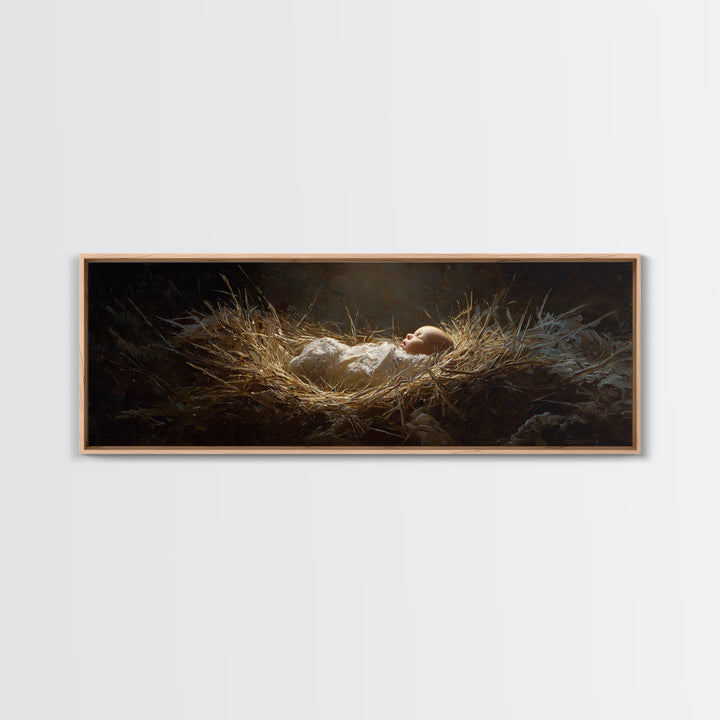 Divine Manger Glow – Framed Canvas Print – Christian Art Canvas – Panoramic Wall Art – Jesus Painting – Christian Christmas Art – Christian