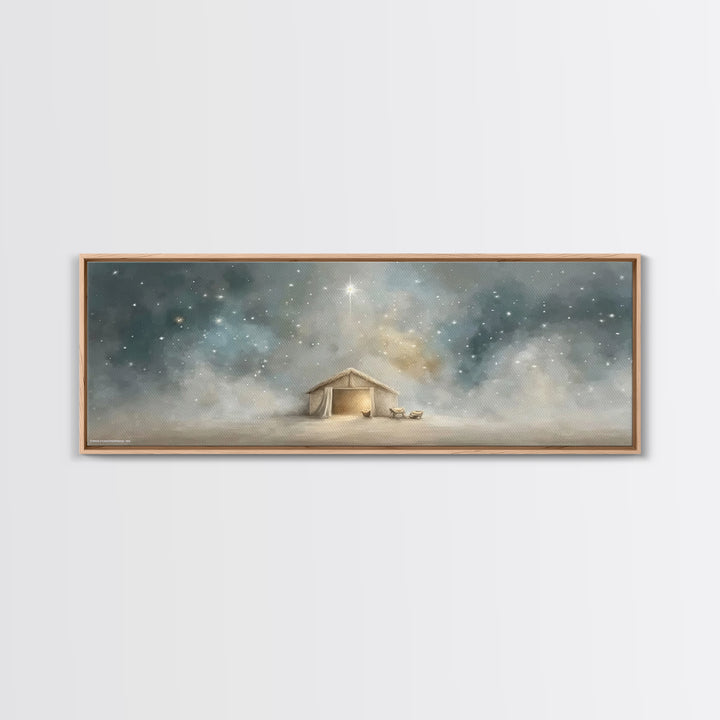 Silent Night Stable, Framed Canvas Print, Panoramic Painting, Christian Wall Art, Christmas Art, Christian Art Canvas, Christian Christmas