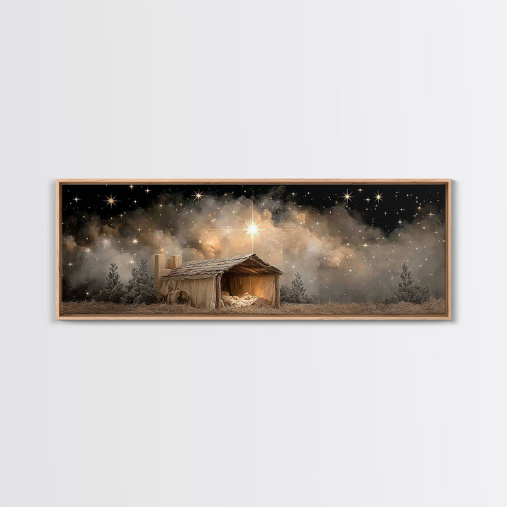 Starry Night Shelter – Framed Canvas Print – Panoramic Wall Art – Christmas Art – Christian Art Canvas – Christian Wall Art – Christian Chr