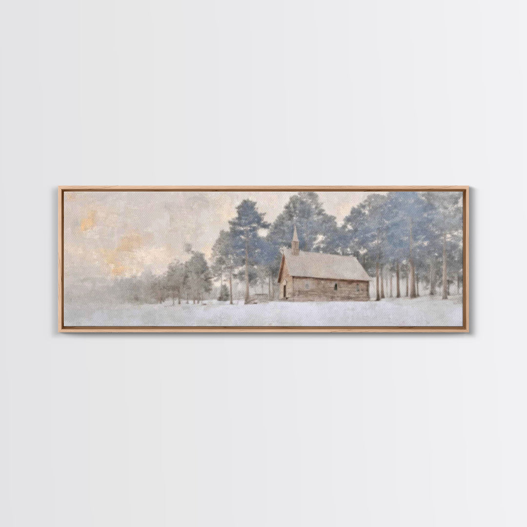 Winter Chapel Peace | Framed Canvas Print | Panoramic Art | Christian Wall Art | Christian Art Canvas | Christmas Art | Christian Christmas