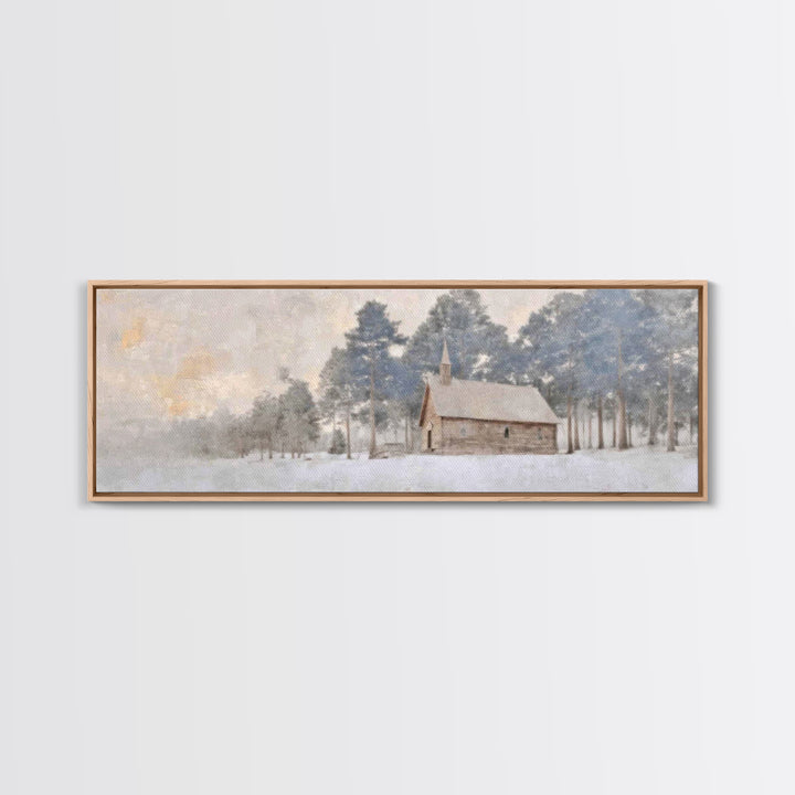 Winter Chapel Peace | Framed Canvas Print | Panoramic Art | Christian Wall Art | Christian Art Canvas | Christmas Art | Christian Christmas